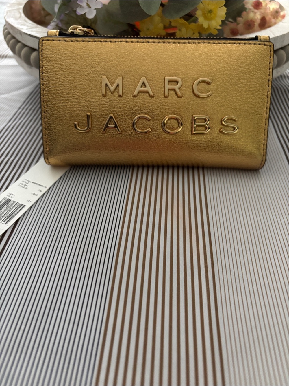 Marc Jacobs Gold Metallic Logo Zip Card Case